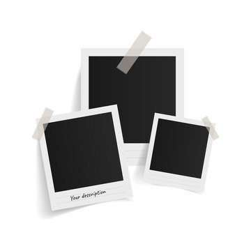 Polaroid photo frames on sticky tape on white background. Vector illustration.