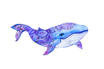 Cute whale with lace decorative ornament. Watercolor © zzorik