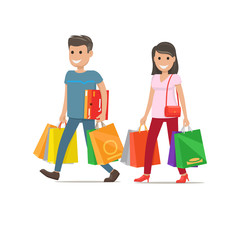 Couple Goes Shopping. Man and Woman Characters