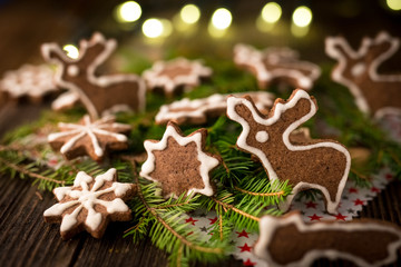 Christmas cookies on rustic wood background