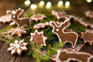 Christmas cookies on rustic wood background