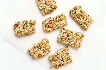 Cereal granola bar. Healthy snack, close up view