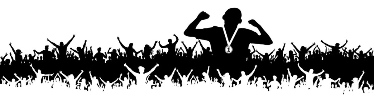 Sports man victory silhouette. Crowd of fans, cheering. Banner, vector background