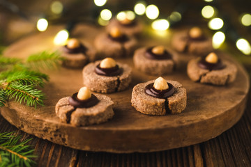 Christmas cookies on rustic wood background