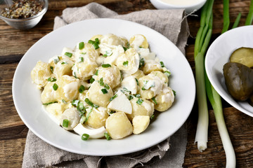 Homemade potato salad with eggs and green onion