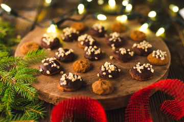 Christmas cookies on rustic wood background