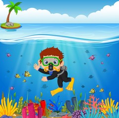 Fototapeta na wymiar Cartoon boy diving in the sea