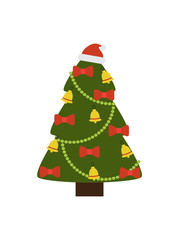 Christmas Tree Icon Decorated by Bows, Golden Bell