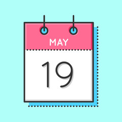 May Calendar Icon. Flat and thin line vector illustration. Spring calendar sheet on light blue background. May 19th.