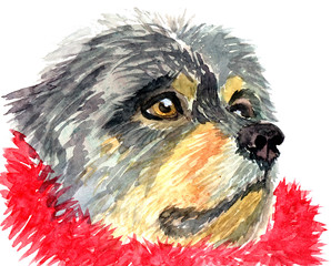 Tibetan Mastiff in red tinsel handmade watercolor