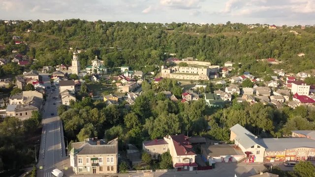 Aerial view to center of Chortkiv city with castle of Golskyi