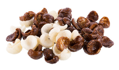 chocolate cereals on white background. Cornflakes