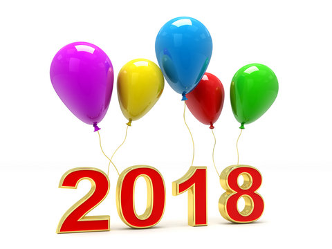 Colorful Balloons with 2018 New Year sign isolated on white. 3D illustration