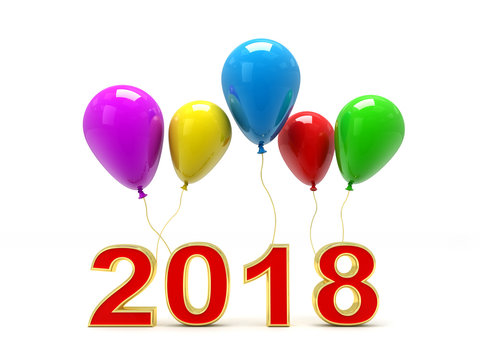 Colorful Balloons with 2018 New Year sign isolated on white. 3D illustration