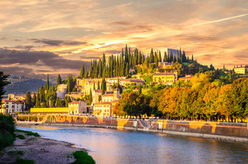 Teatro Romano and castel San Pietro on Adige river in Verona, Veneto region, Italy.