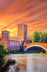 Bridge Ponte Scaligero built in 14th century  in Verona at sunset, Veneto region, Italy.