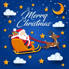 Cute Santa Claus Riding With Reindeer In Starry Night Merry Christmas And Happy New Year Paper Art Card Illustration