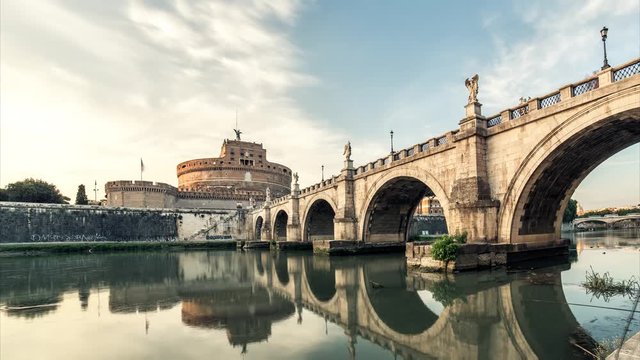 Rome timelapse sunset. Day to night cityscape Castle and bridge panorama 