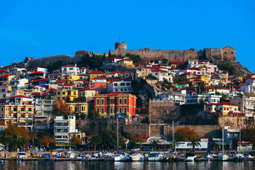 Naklejka premium Greece, Kavala - October 20, 2017: City view, port and old castle.