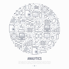 Analytics concept in circle with thin line icons: diagram, chart, statistics, pyramid, business analysis. Modern vector illustration for banner, web page, print media.