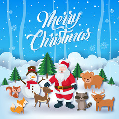 Cute Santa Claus and Cheerful Wild Animal Merry Christmas And Happy New Year Paper Art Card Illustration
