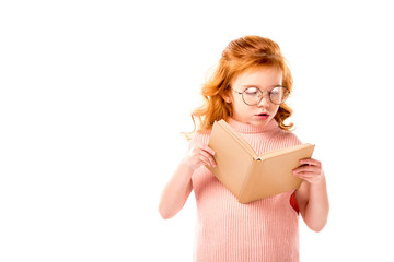 red hair kid reading book isolated on white