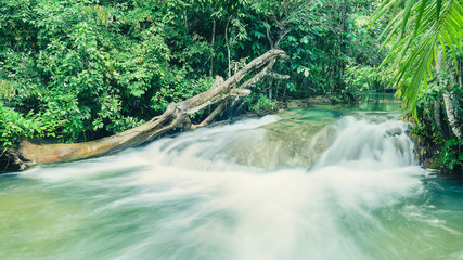 Landscape of a waterfall on Formoso river in Bonito - MS, Brazil. River with transparent green...