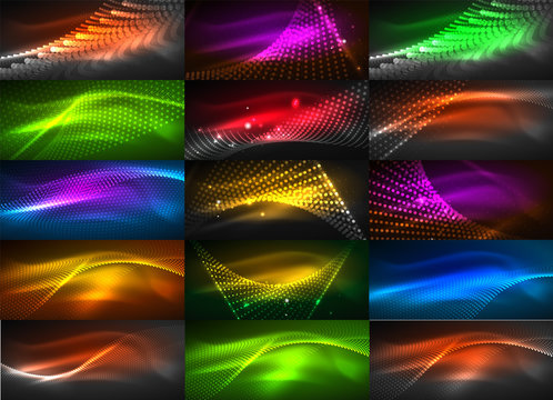 Mega collection of neon glowing particle waves