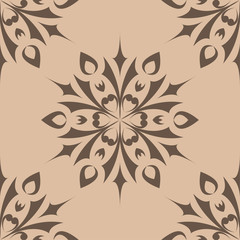 Brown floral ornament on beige background. Seamless pattern