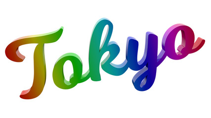 Tokyo City Name Calligraphic 3D Rendered Text Illustration Colored With RGB Rainbow Gradient, Isolated On White Background
