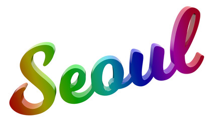 Seoul City Name Calligraphic 3D Rendered Text Illustration Colored With RGB Rainbow Gradient, Isolated On White Background
