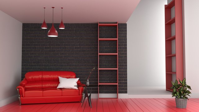 Modern Red Room Interior, Living Room With Red Sofa And Red Floor Of Black Brick Wall 3d Render