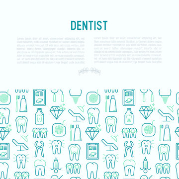 Dentist concept with thin line icons of tooth, implant, dental floss, crown, toothpaste, medical equipment. Modern vector illustration for banner, web page, print media.