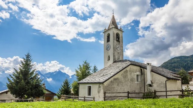 timelapse mountain rural scene. Church belfry. Val d'Aosta. italy