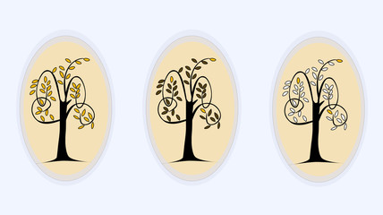 Ecology concept, environment care and protection, nature friendly and organic products - trees with leaves in  frames, golden, black, white colors. Ecological and luxury concept insignia.