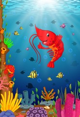 Fototapeta na wymiar Cartoon tropical lobster with beautiful underwater world