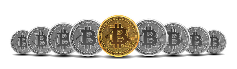 Set of mixed gold and silver crypto currency coins with bitcoin symbol on obverse isolated on white background. Vector illustration. Use for logos, print products, page and web decor or other design.