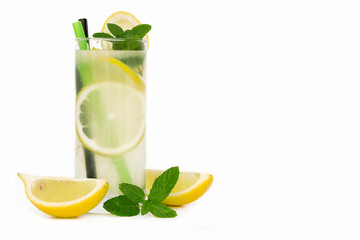 Glass of lemonade with lemon and mint. Isolated on white background - obrazy, fototapety, plakaty