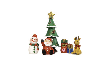 Santa Snow man and reindeer sitting near Christmas tree and presents