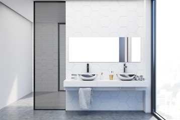 Hexagon tile bathroom, double sink close up