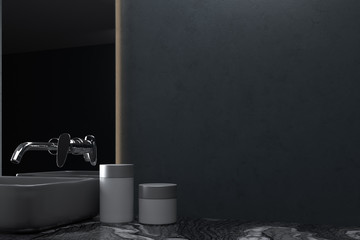 Black marble bathroom, white sink, wall