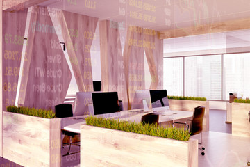 Panoramic office corner, wood toned