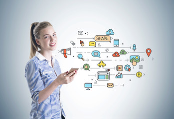 Cheerful businesswoman, phone, social media