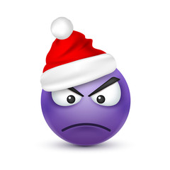Smiley,emoticon. Violet emoji, face with emotions and Christmas hat. New Year, Santa.Winter. Sad,happy,angry faces.Funny cartoon character.Mood. Vector.