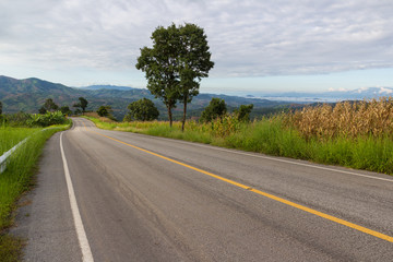 rural asphalt road ahead to the mountain