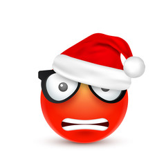 Smiley,emoticon. Red emoji, face with emotions and Christmas hat. New Year, Santa.Winter. Sad,happy,angry faces.Funny cartoon character.Mood. Vector.