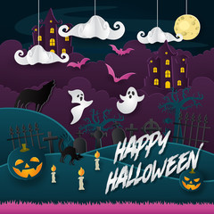 Scary Happy Halloween Paper Art Card Illustration