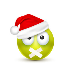 Smiley,emoticon. Green emoji, face with emotions and Christmas hat. New Year, Santa.Winter. Sad,happy,angry faces.Funny cartoon character.Mood. Vector.