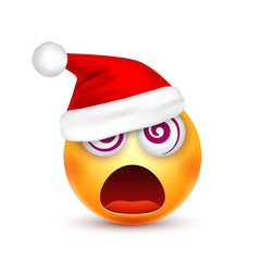 Smiley,emoticon. Yellow emoji, face with emotions and Christmas hat. New Year, Santa.Winter. Sad,happy,angry faces.Funny cartoon character.Mood. Vector.