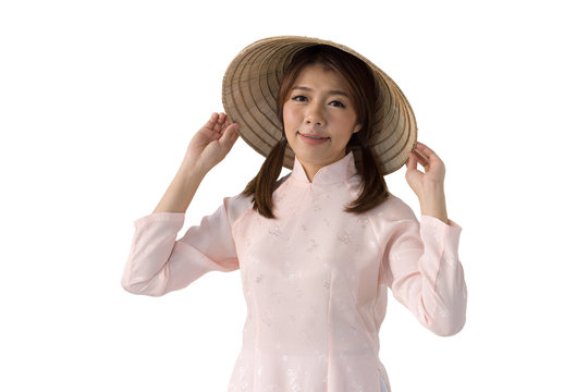 Beautiful woman in pink Vietnam Traditional dress of Dress culture Vietnamese. isolated background with clipping path.